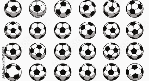 Various black and white vector footballs displayed in a grid, offering a versatile graphic resource for sports-related designs and digital projects.
