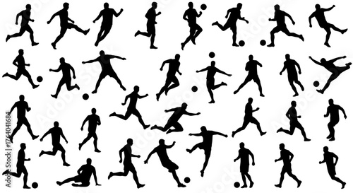 Dynamic vector set featuring various silhouette poses of football players in action, ideal for sports-themed designs and creative projects on a transparent background.