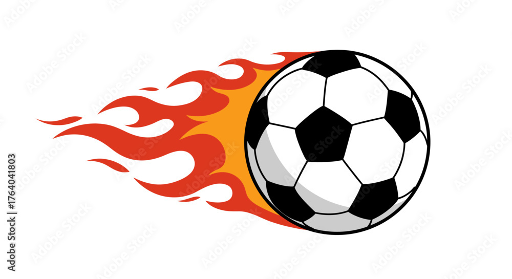 Fototapeta premium A dynamic illustration features a classic black and white football with a vibrant orange and red flame trail, symbolizing speed and intense action.