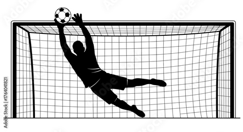 Silhouette of a soccer goalkeeper diving to catch the ball within the goal net during a dynamic game, captured in a clean vector graphic.