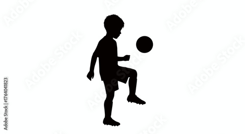 A silhouette of a young child skillfully controlling a football with their foot, captured in a dynamic vector illustration against a clean white background, perfect for sports-related designs.
