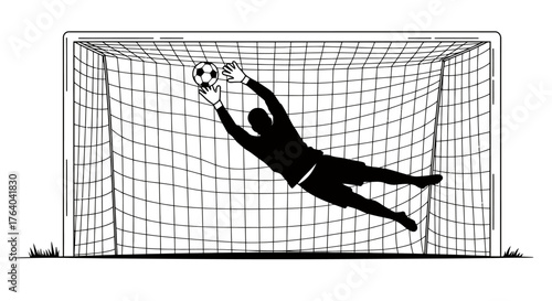 Silhouette of a soccer goalkeeper diving to catch the ball in front of a goal net, captured in a clean vector graphic style.