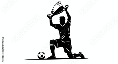 A vector illustration depicts a triumphant football player kneeling with a trophy, showcasing victory and sportsmanship in a dynamic and minimalist design, suitable for various applications.