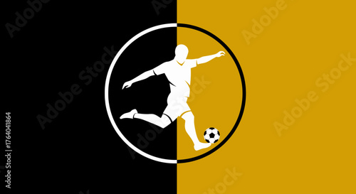A dynamic vector illustration showcases a football player in action, striking the ball within a circular frame, set against a contrasting black and gold background, perfect for sports-related designs.
