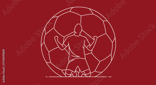 Vector illustration depicting a triumphant football player kneeling in celebration before a large football, conveying victory, passion, and the spirit of the game.