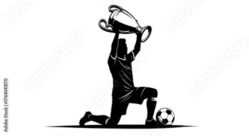 A vector illustration depicts a triumphant football player celebrating a victory by raising a trophy, with a soccer ball at his feet, in a dynamic, silhouette style.