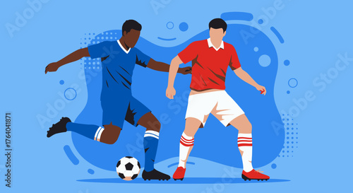 Dynamic vector illustration showcasing two football players in action, one in blue and the other in red, competing for the ball against a modern blue backdrop.
