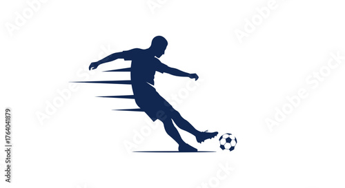 Dynamic silhouette of a soccer player kicking a ball with motion blur, representing the action and speed of the sport in a clean vector graphic.