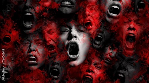 Scary horror face of screaming woman consumed by evil rage and anger. chaotic nightmare collage of many faces in deep torment and fear