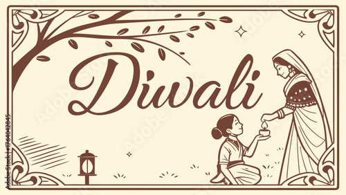Diwali festival celebration vector illustration with mother and daughter offering prayer and lighting diyas