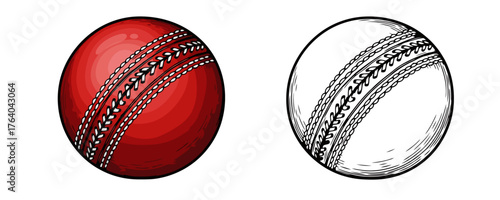 Detailed hand-drawn style illustration of two cricket balls one colored in red with white stitching and one black and white outline drawing of the ball