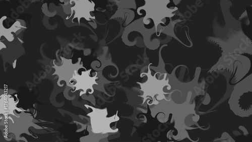 Abstract Monochrome Grunge Background: Seamless Vector Texture with Dark Grey Ink Splashes and Swirling Fluid Shapes