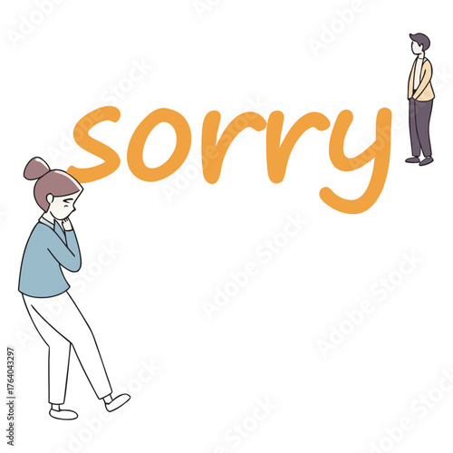 Two people conveying apology and regret with the word sorry in bold orange letters isolated on white background