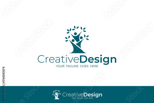 logo of several people gathered and forming a tree, blue color