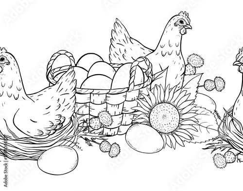 Hand drawn seamless ink line art border with hens on nests with eggs and sunflowers in rustic countryside farm style. Ideal for packaging textiles coloring pages wrapping and vintage food branding.