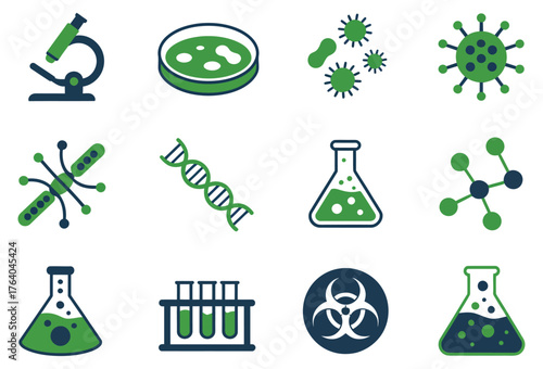 Set of science and biology icons vector illustration of laboratory equipment and microorganisms isolated on white background