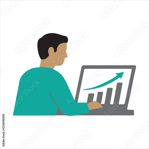 businessman working on laptop with graph illustration