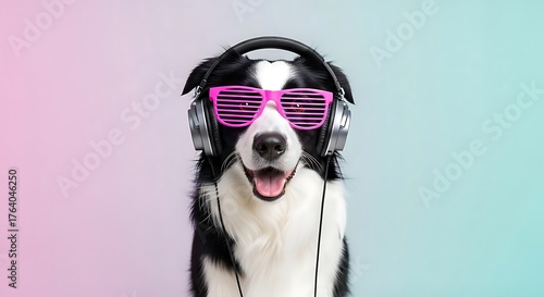 Dog Rocking Out A Stylish Border Collie in Headphones and Sunglasses, Enjoying Music Vibe