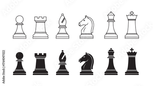 Black and white chess pieces illustration with simple design on transparent background silhouette