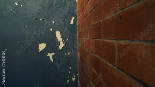 Walls with peeling and damaged black paint surfaces. Half a red brick wall