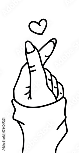 Korean finger heart gesture line art vector illustration – minimalist korea hand love sign and romantic couple symbol