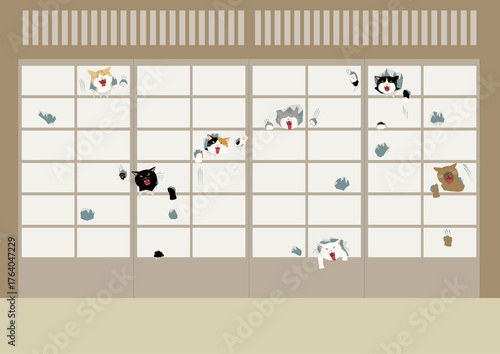 Wallpaper Mural 障子に穴を開けて顔を出す7匹の悪戯猫 Torontodigital.ca