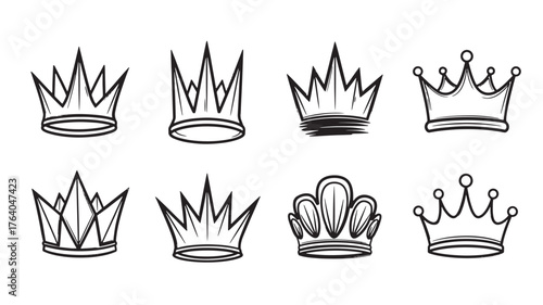 Collection of various crown sketches and designs on transparent background silhouette