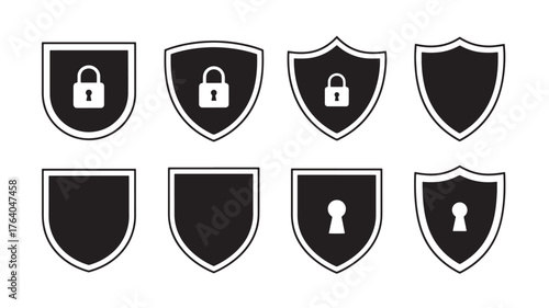 Black security shield icons with padlock perfect for design on transparent background silhouette
