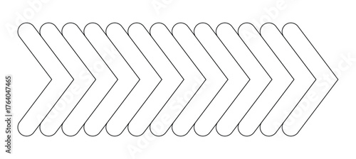 Horizontal Row of Rounded Outline Chevron Arrows Flowing Right: Continuous Line Progress Indicator, Sequential Graphic Design Element, Minimalist Modern Border