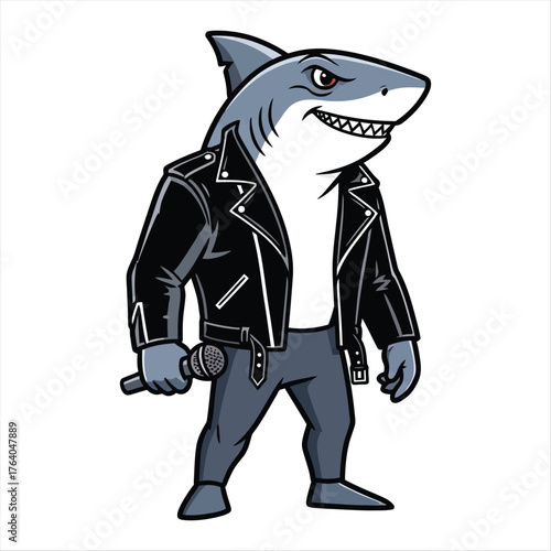 Rockstar Shark Holding Microphone Vector Illustration Cool Cartoon Character Design