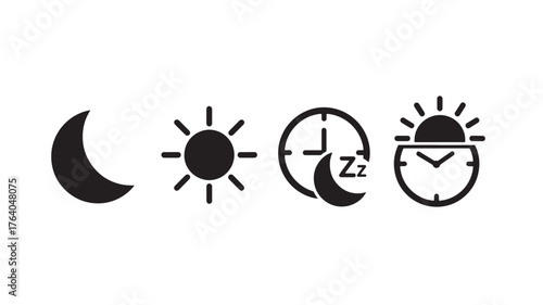 Four sleep related icons moon sun clock and bed silhouette
