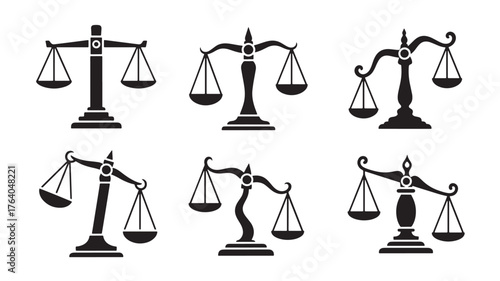 Collection of ornate justice scales in various designs on transparent background silhouette