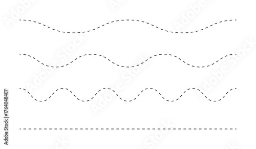 Set of Gray Dotted Wavy Lines and Straight Dashed Rule: Minimalist Divider, Separator, Border, and Page Break Elements, Stroke Pattern, Simple Design Resource