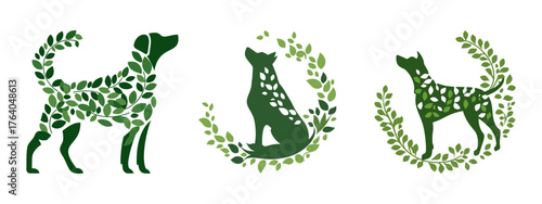 Green dog silhouettes made of leaves eco concept vector illustration