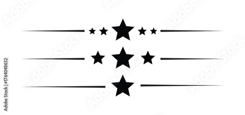 Set of Star-Themed Dividers and Separators: Black Silhouettes with Horizontal Lines, Decorative Rating Elements, Page Breaks, and Ornaments for Web and Print Design