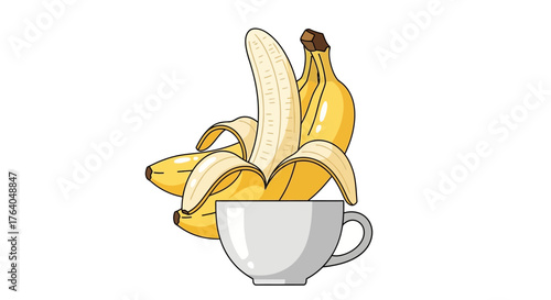A bunch of ripe yellow bananas with one peeled inside a white cup.