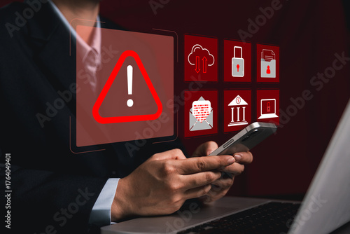 Cyber security warning alert system concept. computer network compromised illegal connection, exposing data, software, such virus, facilitate hack commit cyber crime steals sensitive information.