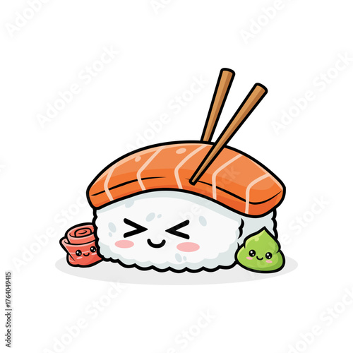Cute Sushi Cartoon with Wasabi and Ginger for Kids Menu and Brand Mascot. True vector illustration, it is not a result of auto-tracing, conversion, or vectorization of a bitmap or raster image.