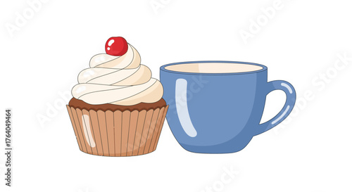 A delicious cupcake with creamy frosting and a bright red cherry sits next to a blue mug of coffee.