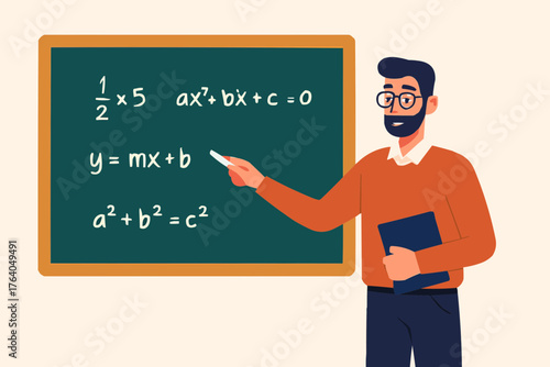 Flat vector of a teacher character pointing at blackboard with math equations
