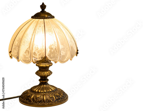 An antique designer lamp featuring a marble stand and ornate metal details, side-angle composition, high-quality product lighting, isolated on white background