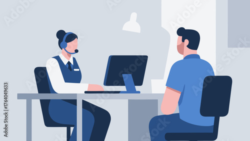 Customer Service Representative with Headset Consulting Male Client at Desk