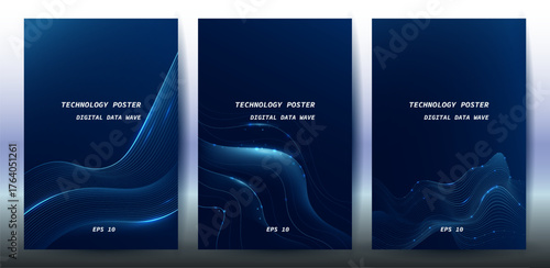 Technology Banner Poster set. Futuristic digital data wave glowing lines. Data science concept tech banner, corporate business presentation or booklet technology