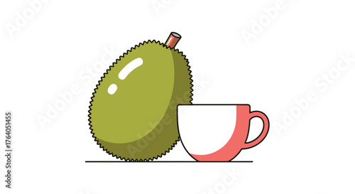 A ripe durian fruit next to a white and pink teacup.