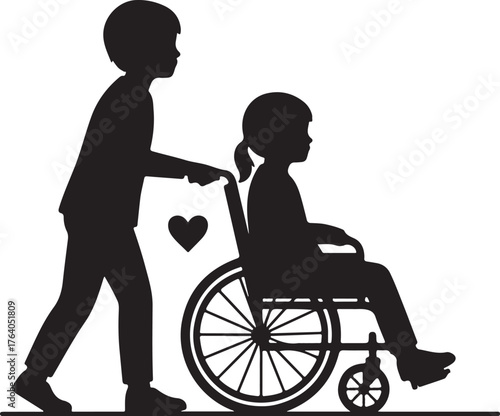 Silhouette illustration of a boy pushing a girl in a wheelchair, symbolizing care, friendship, and support for children with disabilities or special needs.