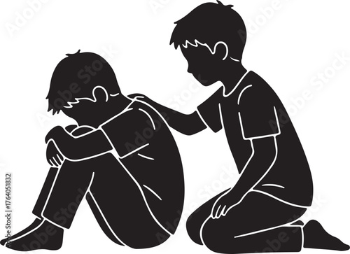 Silhouette of a boy comforting his sad friend, depicting childhood empathy, emotional support, and friendship.