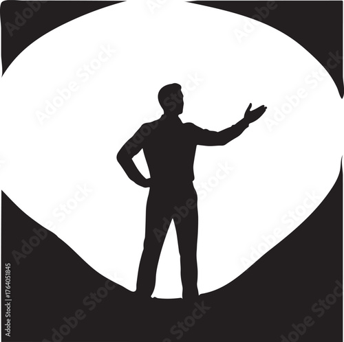 Silhouette of a man presenting or gesturing confidently against a black background embodying concepts like leadership, vision, and future opportunity