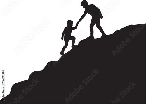Silhouette of an adult or older child helping a younger child climb a steep hill, symbolizing support, guidance, teamwork, and overcoming life's challenges or obstacles.