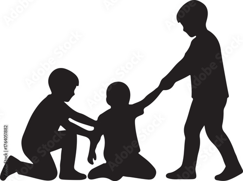 Silhouette of three children helping each other up, depicting friendship, teamwork, and support among kids. A concept of cooperation and solidarity in childhood.