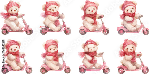 Watercolor Teddy Bear Riding Pink Scooter Clipart